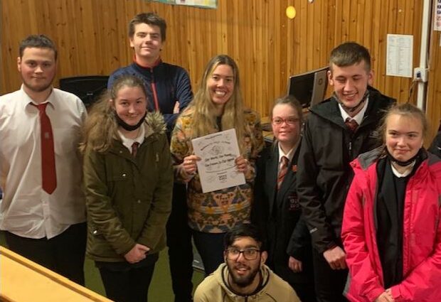 Lib Penman and pupils at Balwearie High School